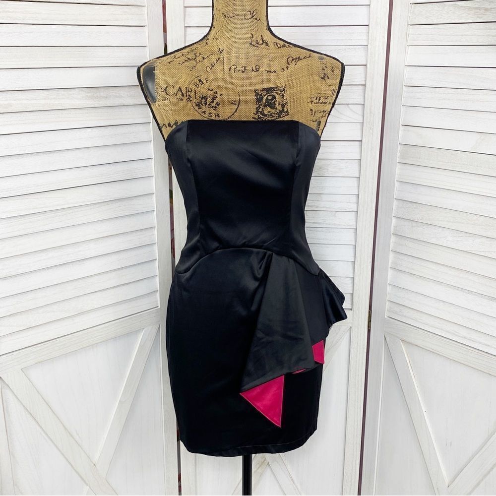Moa Moa Strapless Colorblock Ruffle Mini Party Dress Black Pink Small Y2K‎ 80s